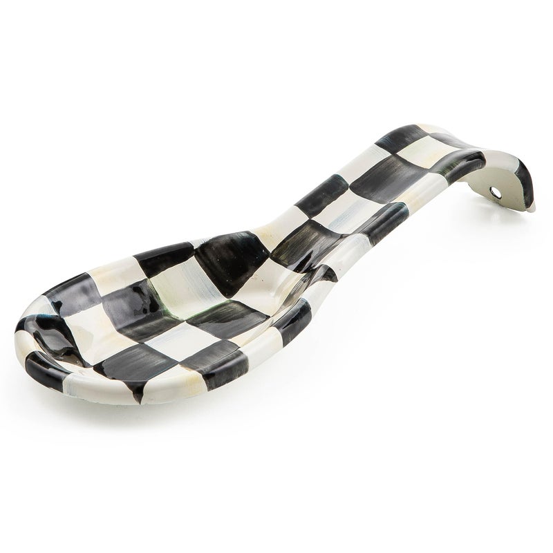 mackenzie childs MACKENZIE-CHILDS Enamel Spoon Rest  Kitchen Utensil Rest and Spoon Holder  Kitchen Decor  Black-and-White Courtly Check - Image 1